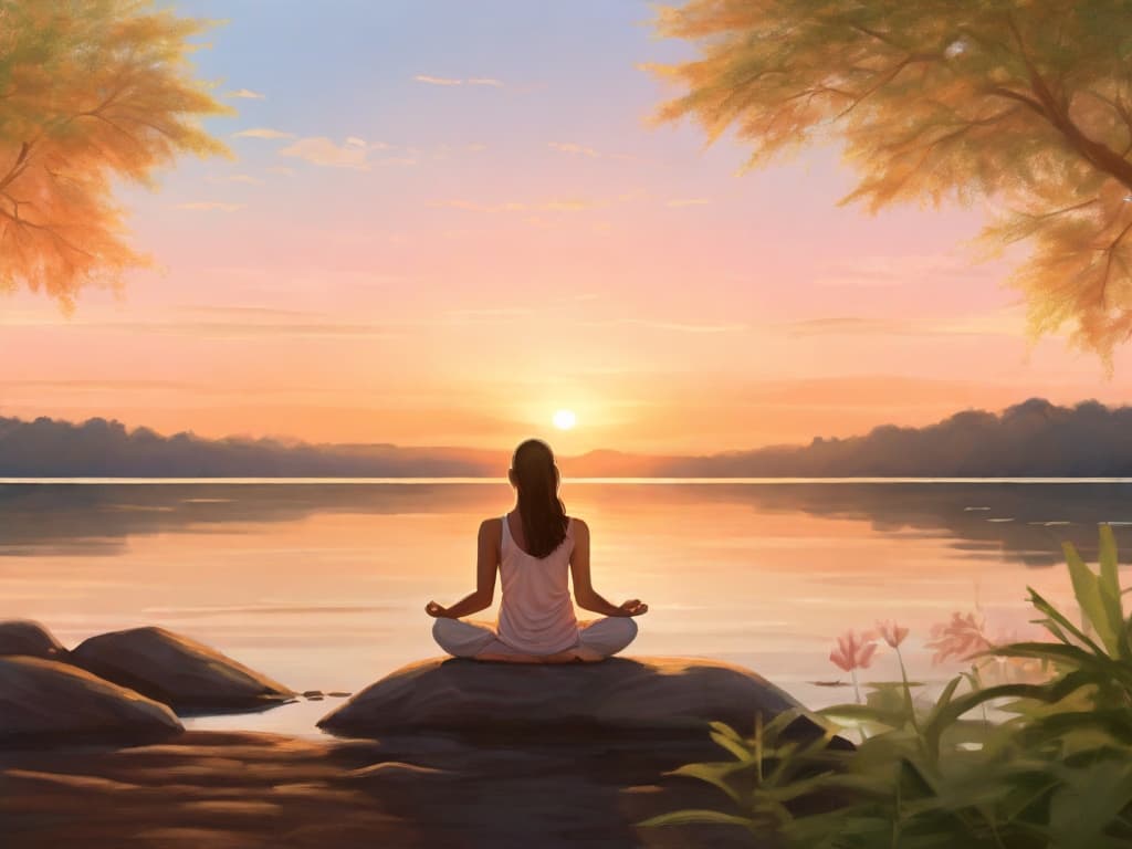 Nascer do sol com pessoa em posição de Lótus meditando em frente a um lago