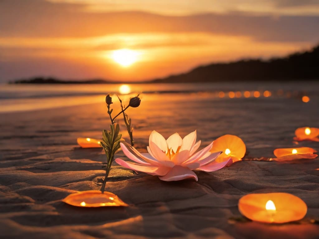 Ambiente propício a meditação. Nascer do sol com algumas velas e for. O mar ao fundo refletindo o sol