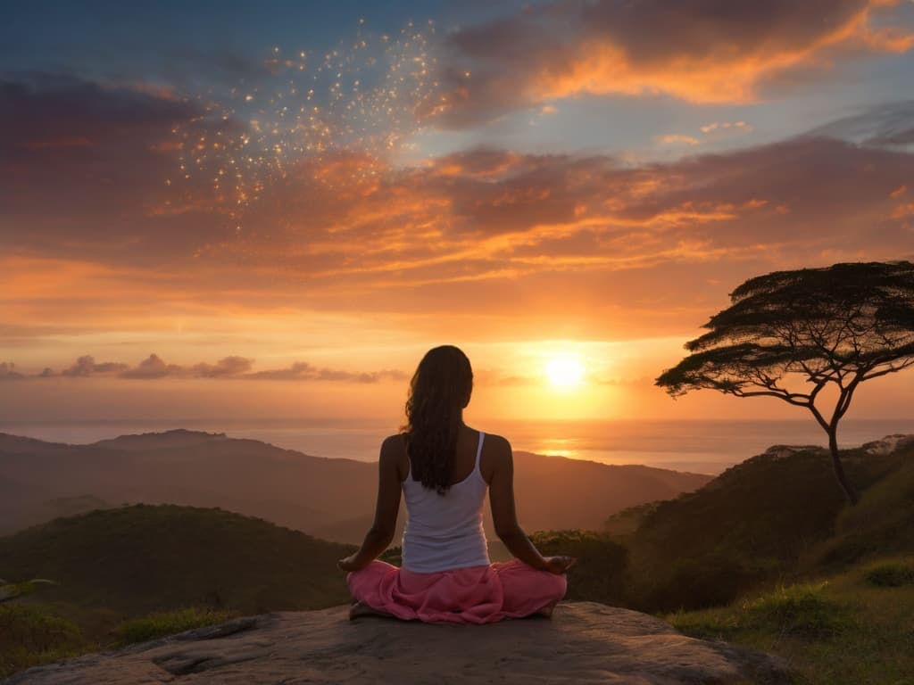 O nascer do sol é magnifíco e possibilita a meditação matinal. Uma mulher medita ainda com as estrelas tímidas se despedindo da noite e a estrela maior, nosso sol, saudando um novo dia.