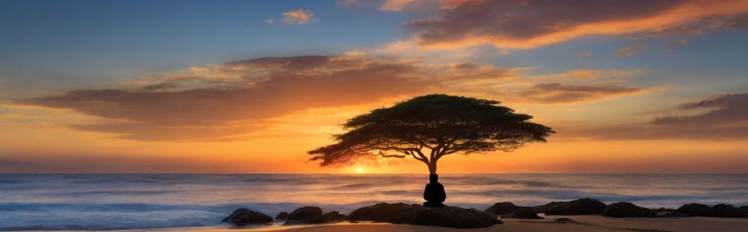 Árvore para meditação e uma bela paisagem formada com o mar e o nascer do sol.