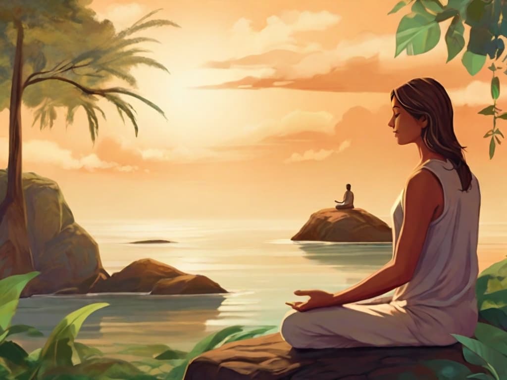 Mulher em cenário paradisíaco exercitando práticas meditativas.