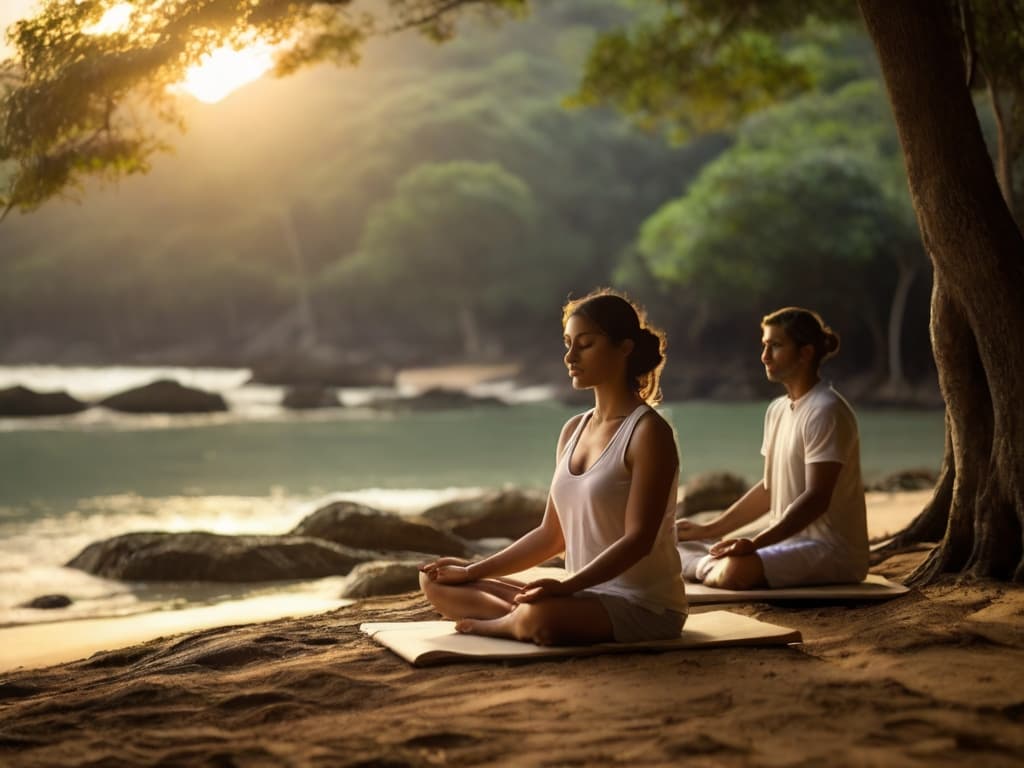 Casal na natureza em posição de lótus praticando meditação