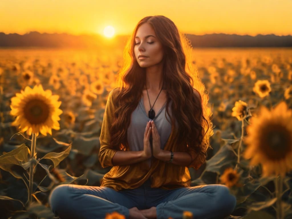 Mulher meditando em meio a um campo de girassóis. O sol nasce ao fundo. Um ótimo ambiente para reflexão da vida